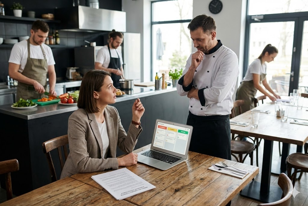 Menedżerka i szef kuchni omawiają zadaniowy czas pracy w restauracji.