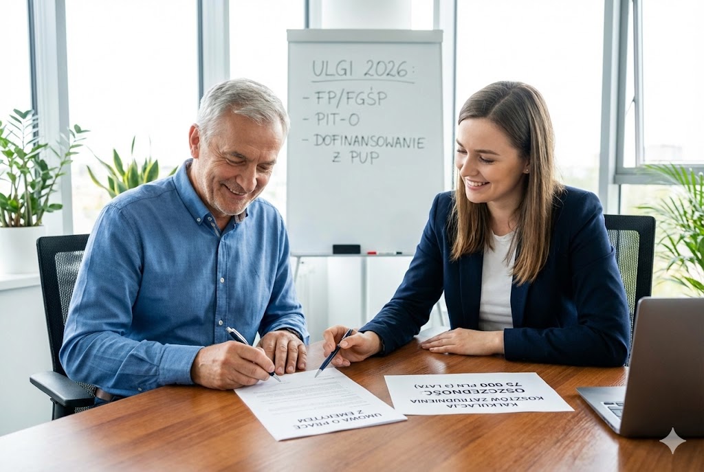 Starszy mężczyzna podpisuje umowę w biurze w obecności specjalistki HR, co ilustruje zatrudnienie emeryta | JobStation