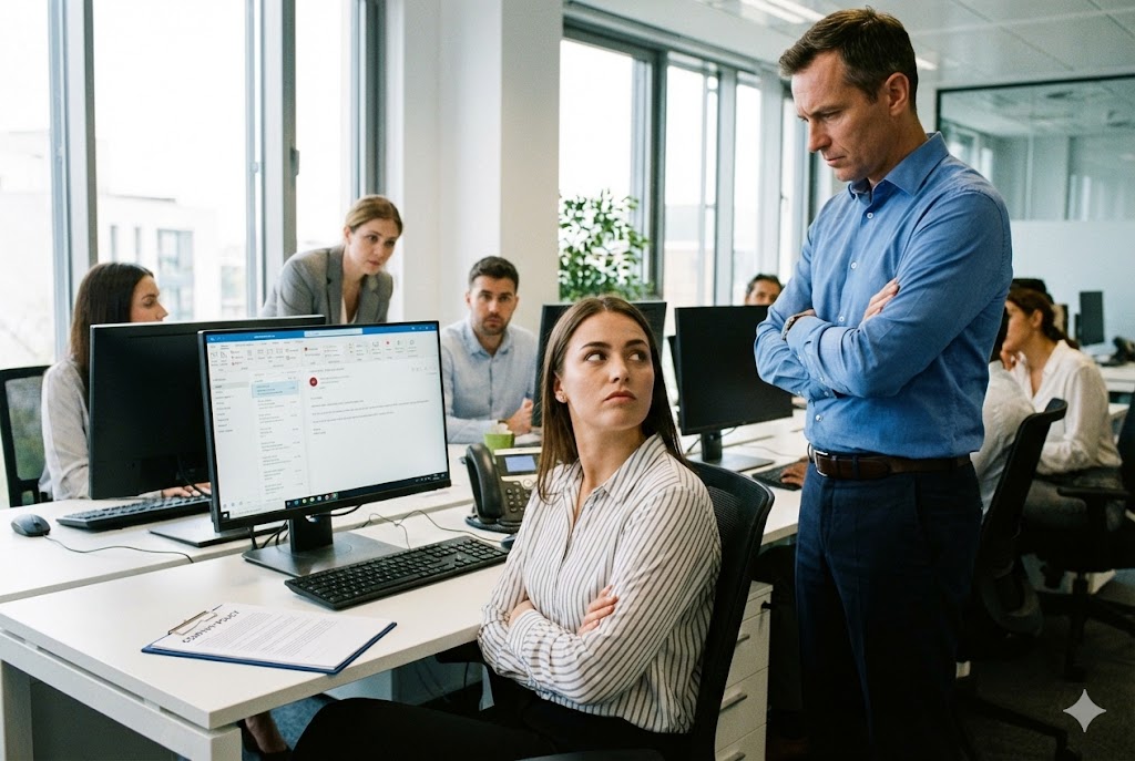 Napięta sytuacja w biurze między przełożonym a pracownikiem, obrazująca niesubordynację w pracy | Jobstation