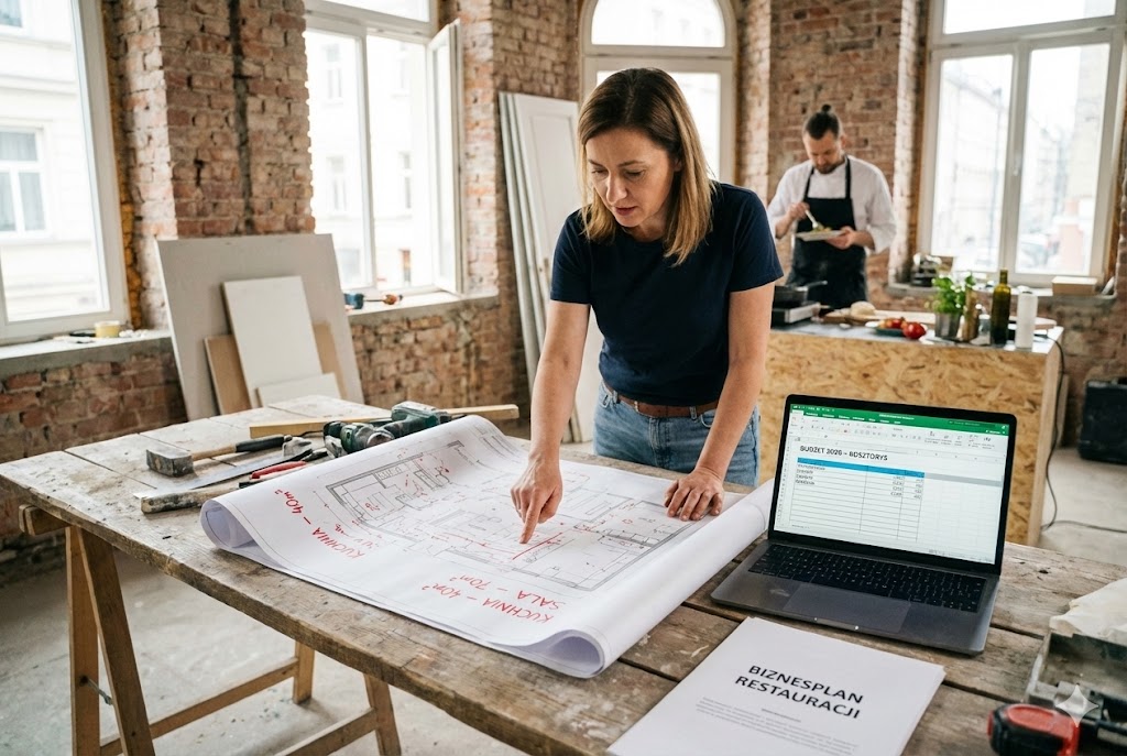 Kobieta w remontowanym lokalu wskazuje na plany architektoniczne restauracji z oznaczeniami kuchni i sali. Na stole leży laptop z otwartym kosztorysem 'BUDŻET 2026' oraz dokument 'BIZNESPLAN RESTAURACJI'. W tle kucharz pracuje w tymczasowej kuchni | JobStation
