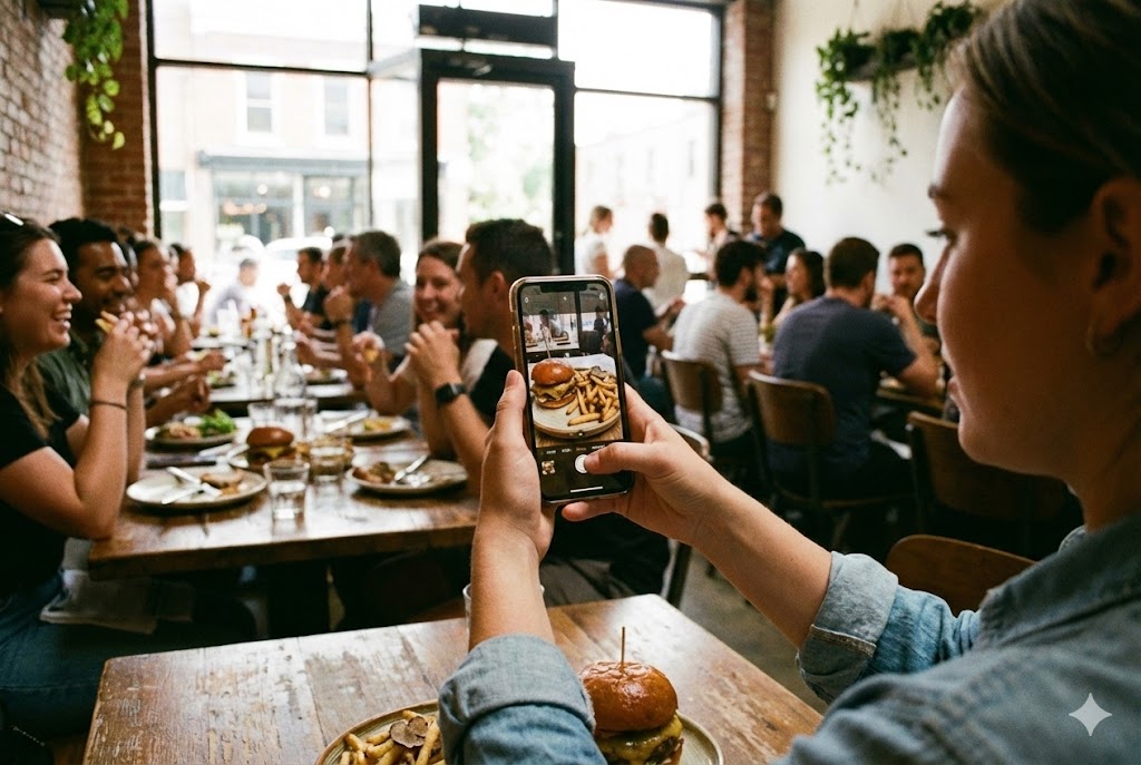 Osoba robiąca zdjęcie burgera smartfonem w pełnej gości restauracji, co ilustruje skuteczna reklama restauracji w mediach społecznościowych | JobStation